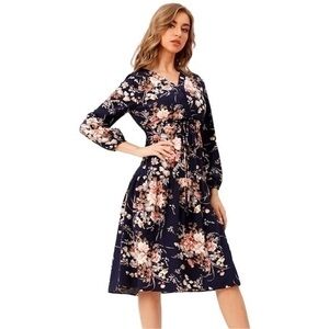 JOYOURS V Neck Floral Boho Midi A Line Long Sleeve Small plus ink blue Dress